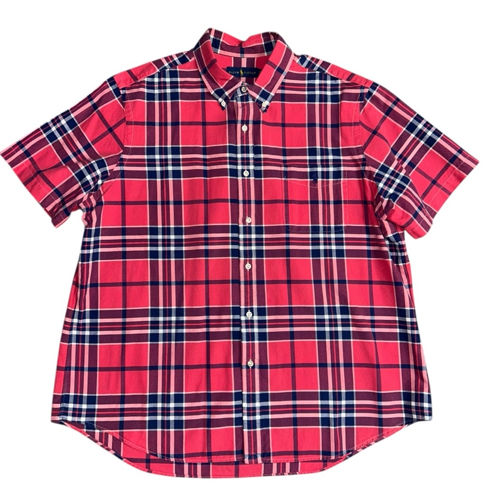 Ralph Lauren Shirt Men’s XXL Red Blue Pony Oxford Plaid Modern Pocket Button Up